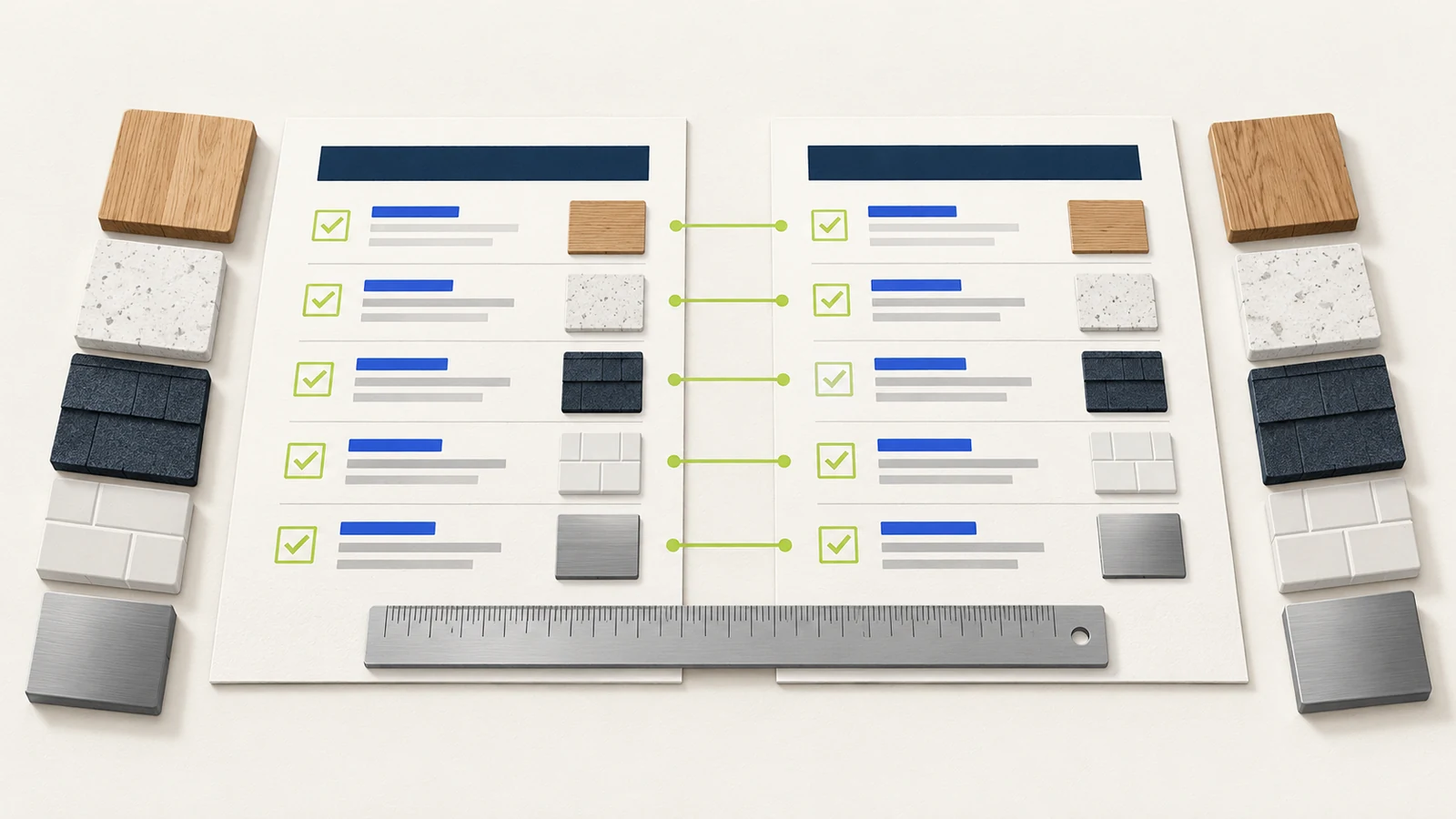 Two aligned scope sheets, matching material samples and a ruler make the comparison clear.