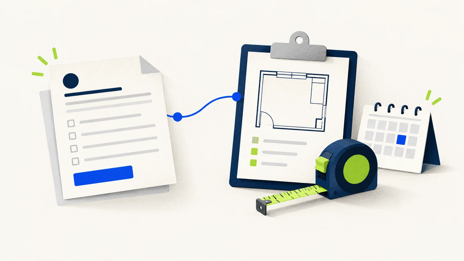 An enquiry form connects to a prepared room-measurement clipboard, tape and appointment calendar.
