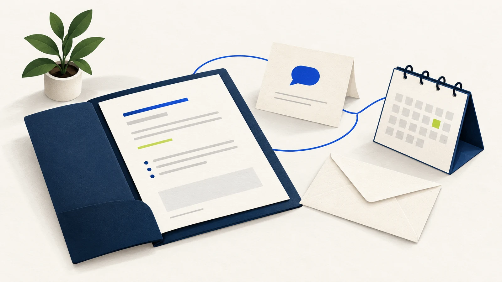 A proposal folder, considerate follow-up note, envelope and calendar form an unhurried desk still life.