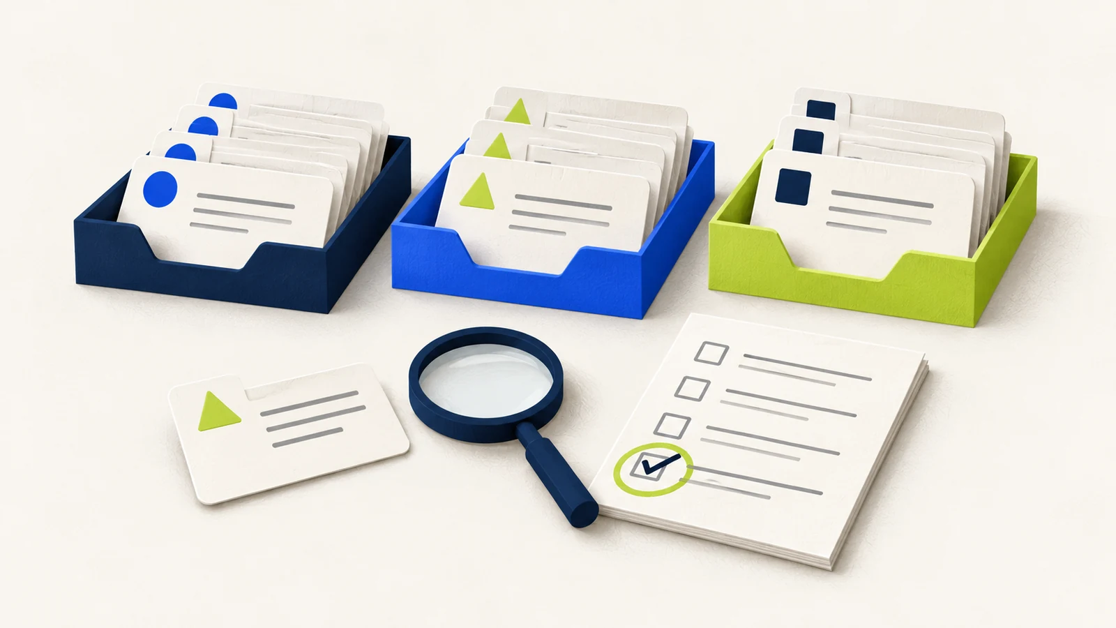 Sorted outcome cards, a magnifying glass and structured review checklist show constructive learning.